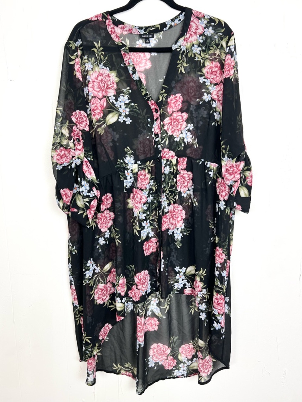 Torrid Floral Hi-Lo Tunic Blouse Black Pink Sheer Ciffon Button Down 3 3X